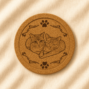 Round cork coaster with engraved illustration of two cuddling cats framed inside a recessed circular border with decorative paw prints and ribbon-style accents on a warm cream linen background.