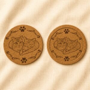 Two personalized cork coasters featuring engraved cuddling cat portraits with decorative paw print and ribbon accents, shown in both flat-edge and recessed-edge coaster styles on a cream linen background.
