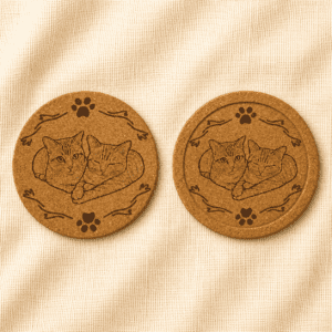 Two personalized cork coasters featuring engraved cuddling cat portraits with decorative paw print and ribbon accents, shown in both flat-edge and recessed-edge coaster styles on a cream linen background.