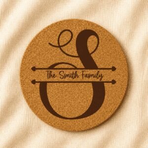 Round cork coaster featuring a large decorative ampersand symbol with “The Smith Family” engraved across the center in elegant script typography on a soft cream fabric background.
