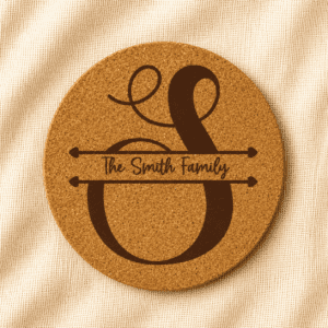 Round cork coaster featuring a large decorative ampersand symbol with “The Smith Family” engraved across the center in elegant script typography on a soft cream fabric background.