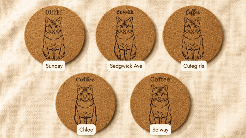 Five engraved cork coaster font style options for personalized pet names displayed with different typography examples on a neutral linen background.