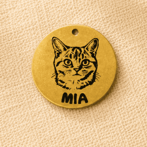 Custom engraved gold pet memorial keychain charm featuring a cat portrait and pet name on a round gold-colored metal tag displayed on beige linen fabric.