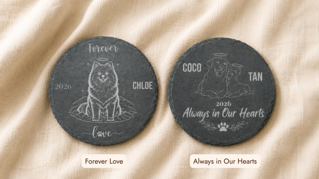 Comparison image showing two personalized round slate memorial coaster design styles engraved with custom pet portraits, names, and memorial text on a neutral linen background.