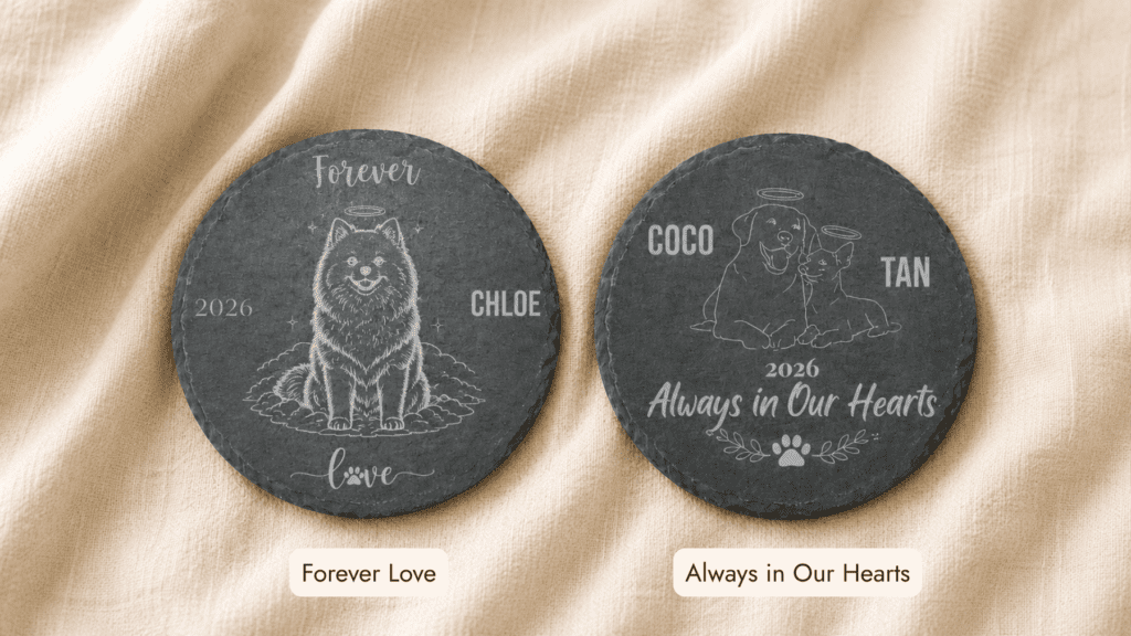 Comparison image showing two personalized round slate memorial coaster design styles engraved with custom pet portraits, names, and memorial text on a neutral linen background.