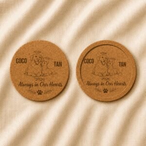 Comparison of two personalized round cork pet memorial coasters featuring custom engraved pet portraits, names, memorial year, and the quote “Always in Our Hearts,” showcasing flat-edge and recessed-edge designs.