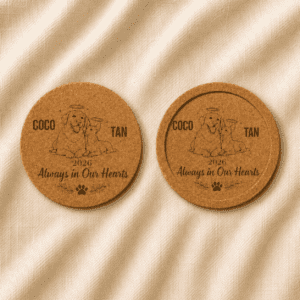 Comparison of two personalized round cork pet memorial coasters featuring custom engraved pet portraits, names, memorial year, and the quote “Always in Our Hearts,” showcasing flat-edge and recessed-edge designs.