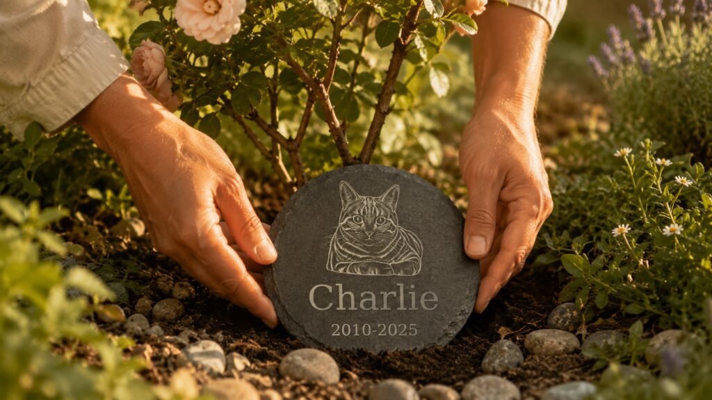 Hands gently placing a personalized pet memorial slate stone engraved with a custom cat portrait into a flower garden surrounded by greenery, pebbles, and blooming flowers.