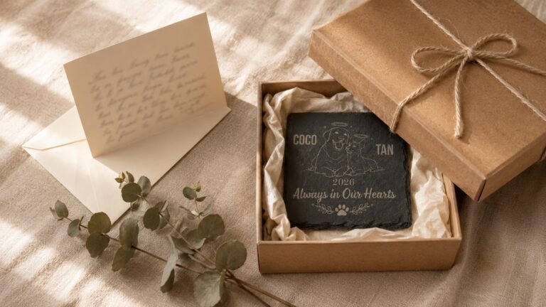 Personalised pet memorial slate coaster presented in a kraft gift box beside a handwritten sympathy card and eucalyptus branch.