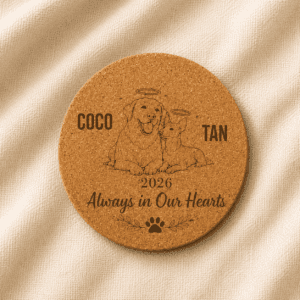 Personalized round cork pet memorial coaster featuring custom engraved dog and cat portraits, pet names, memorial year, and the quote “Always in Our Hearts,” displayed on a soft linen background.