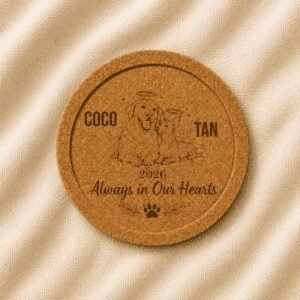 Personalized round cork pet memorial coaster with recessed edge, featuring custom engraved dog and cat portraits, pet names, memorial year, and the quote “Always in Our Hearts,” displayed on a soft linen background.