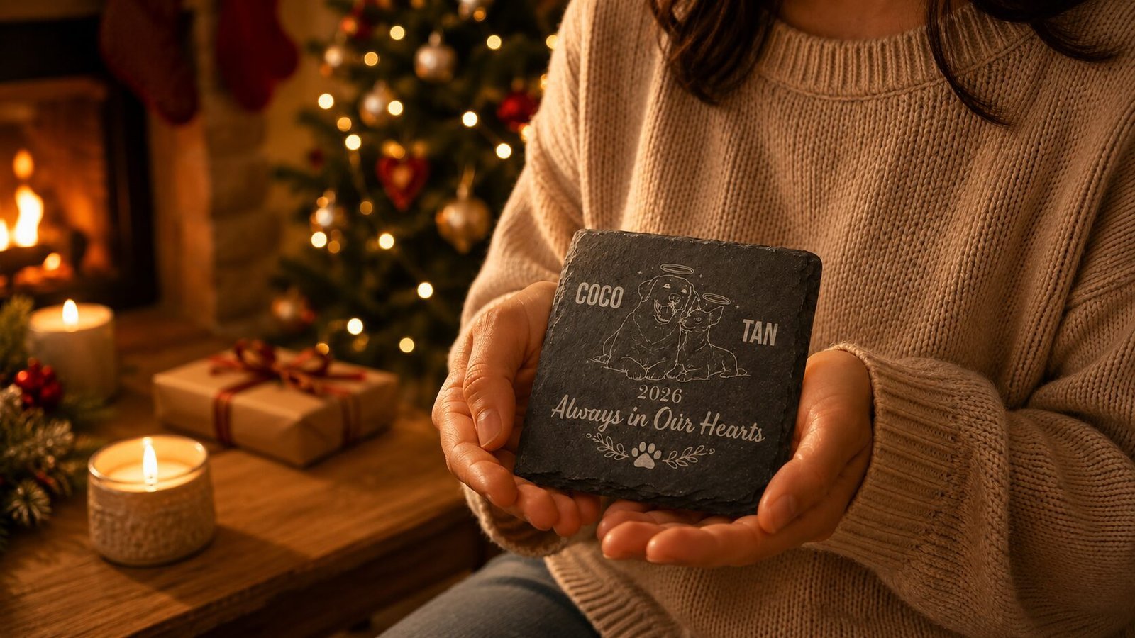 Woman holding a personalized engraved pet memorial slate coaster beside Christmas lights, candles, and cozy holiday décor.