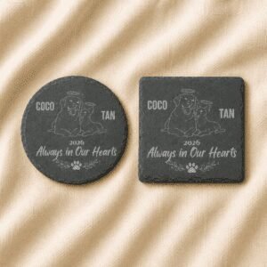 Comparison of personalized round and square slate pet memorial coasters featuring custom engraved pet portraits, names, memorial year, and the quote “Always in Our Hearts,” displayed on a soft linen background.
