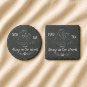 Comparison of personalized round and square slate pet memorial coasters featuring custom engraved pet portraits, names, memorial year, and the quote “Always in Our Hearts,” displayed on a soft linen background.