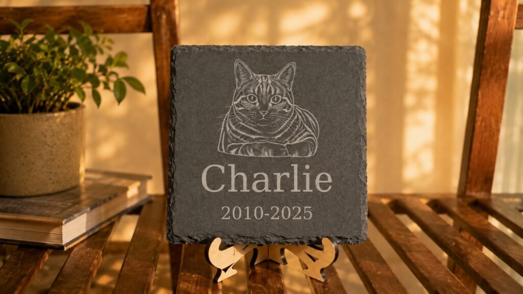 Personalized pet memorial slate plaque with a custom engraved cat portrait displayed upright on a decorative wooden easel beside books and a small plant under warm natural lighting.