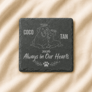 Personalized pet memorial square slate coaster featuring engraved dog and cat portraits, custom pet names, memorial year, and the quote “Always in Our Hearts,” displayed on a soft linen background.