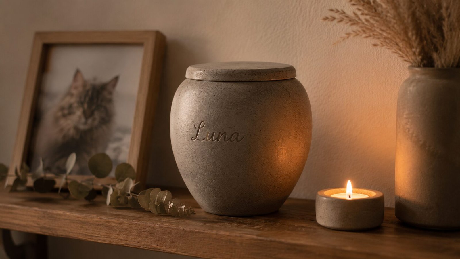 Minimalist pet memorial urn engraved with the name “Luna” displayed beside a candle and framed cat photo on a warm wooden shelf.