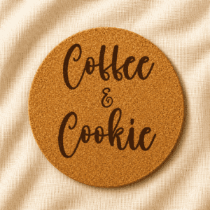 Round cork coaster engraved with the pet names “Coffee & Cookie” in large handwritten script typography on a natural cork surface with a soft cream fabric background.