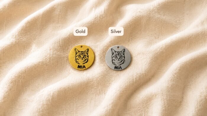 Two personalized pet portrait charms in gold and silver finishes displayed on soft cream linen fabric, each engraved with a cat portrait and the name “MIA.”