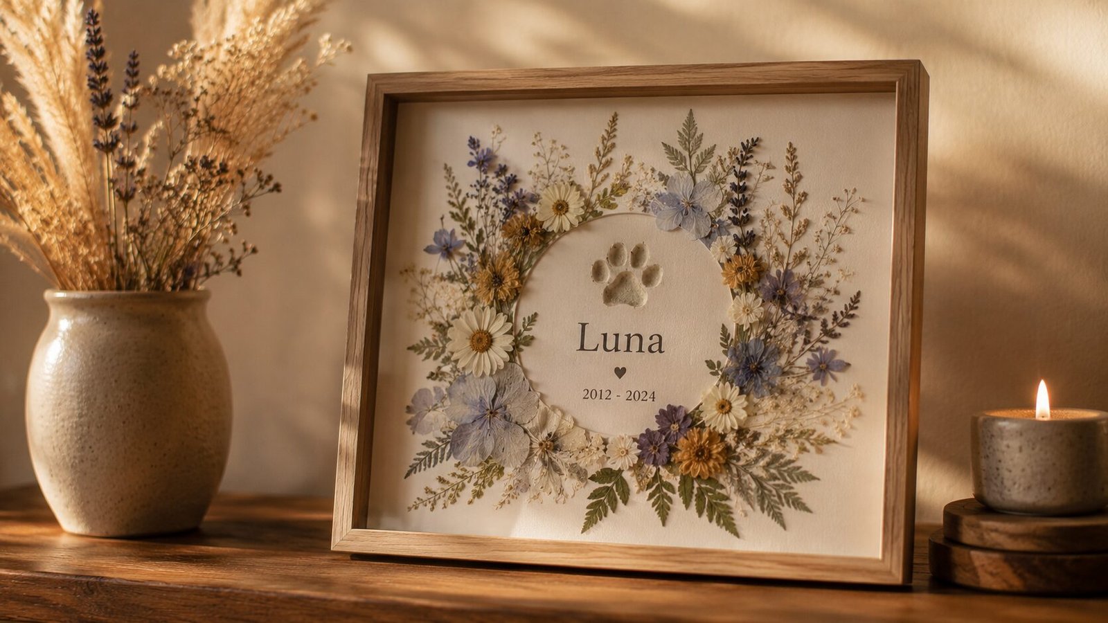 Framed pressed flower pet memorial artwork featuring a paw print impression and the name “Luna” surrounded by preserved flowers in warm natural light.