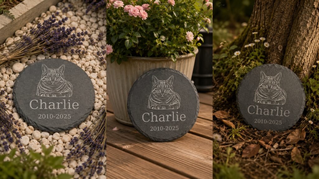 Collage of three outdoor placement ideas for personalized pet memorial slate stones displayed in garden settings with lavender, flowers, moss, and natural greenery.