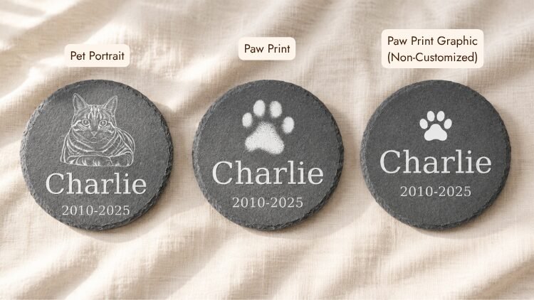 Comparison image showing three personalized pet memorial slate coaster design options on cream linen fabric: custom pet portrait engraving, custom paw print engraving, and standard paw print graphic engraving.