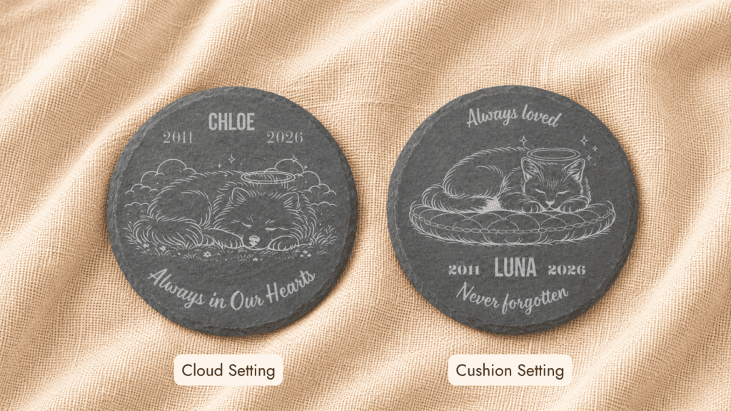Two round engraved slate pet memorial coasters showing different sleeping pet illustration styles on soft beige linen fabric.