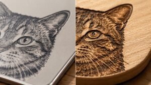 Macro side-by-side comparison of printed pet artwork versus laser engraved wood artwork, showing surface print texture on the left and deep engraved wood grain detail on the right.