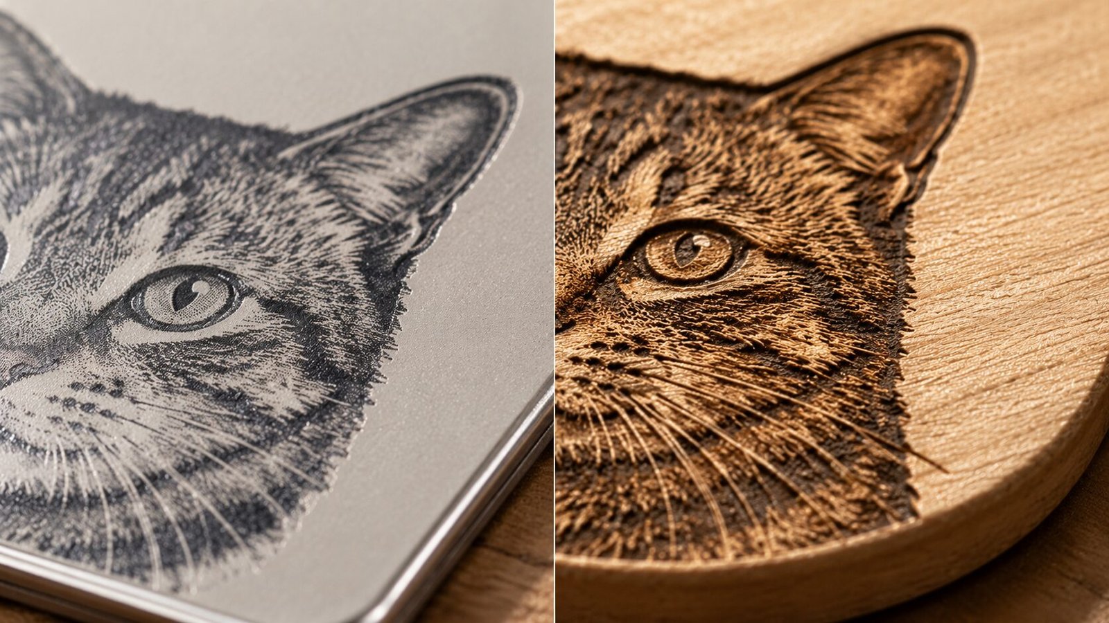 Macro side-by-side comparison of printed pet artwork versus laser engraved wood artwork, showing surface print texture on the left and deep engraved wood grain detail on the right.