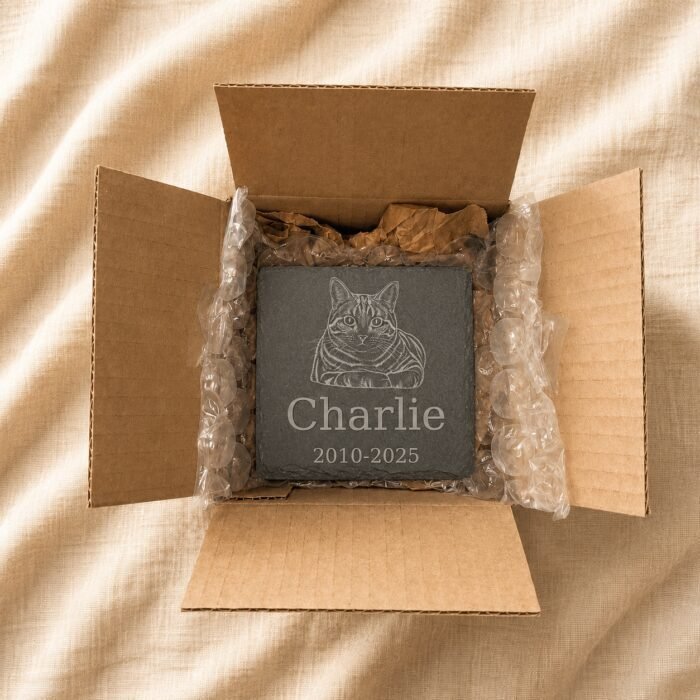Top-down packaging photograph of a personalized pet memorial slate coaster engraved with a cat portrait, securely packed inside a cardboard shipping box with protective bubble wrap and kraft packing paper on neutral linen fabric.