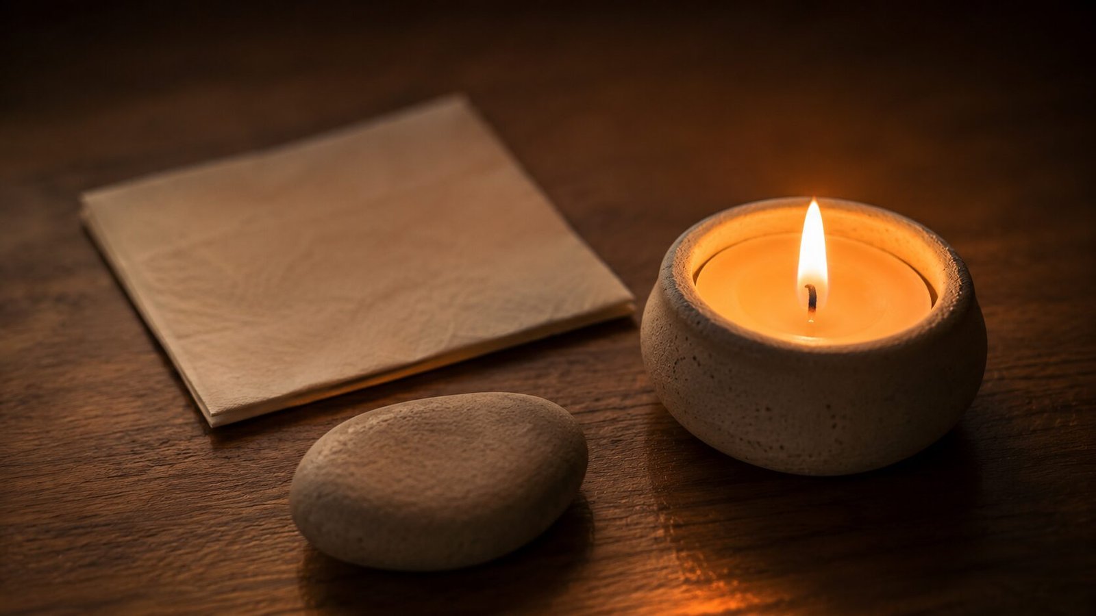 Lit candle beside a smooth stone and folded paper on a wooden table in warm low light.