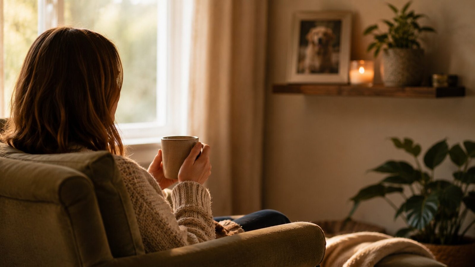 Woman sitting in a cozy chair holding a warm mug beside a softly lit pet memorial shelf with a framed dog photo and candle.