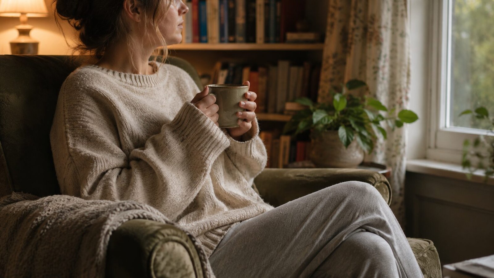 Woman sitting in a cozy armchair holding a warm mug while looking out a window in a quiet softly lit home interior.