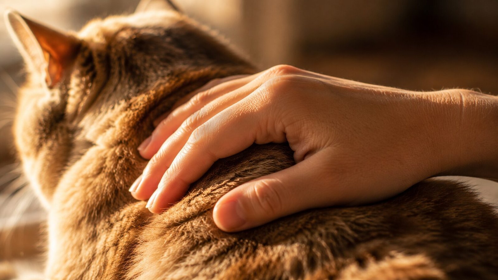 Close-up of a person gently resting their hand on a senior cat’s fur in warm golden sunlight.