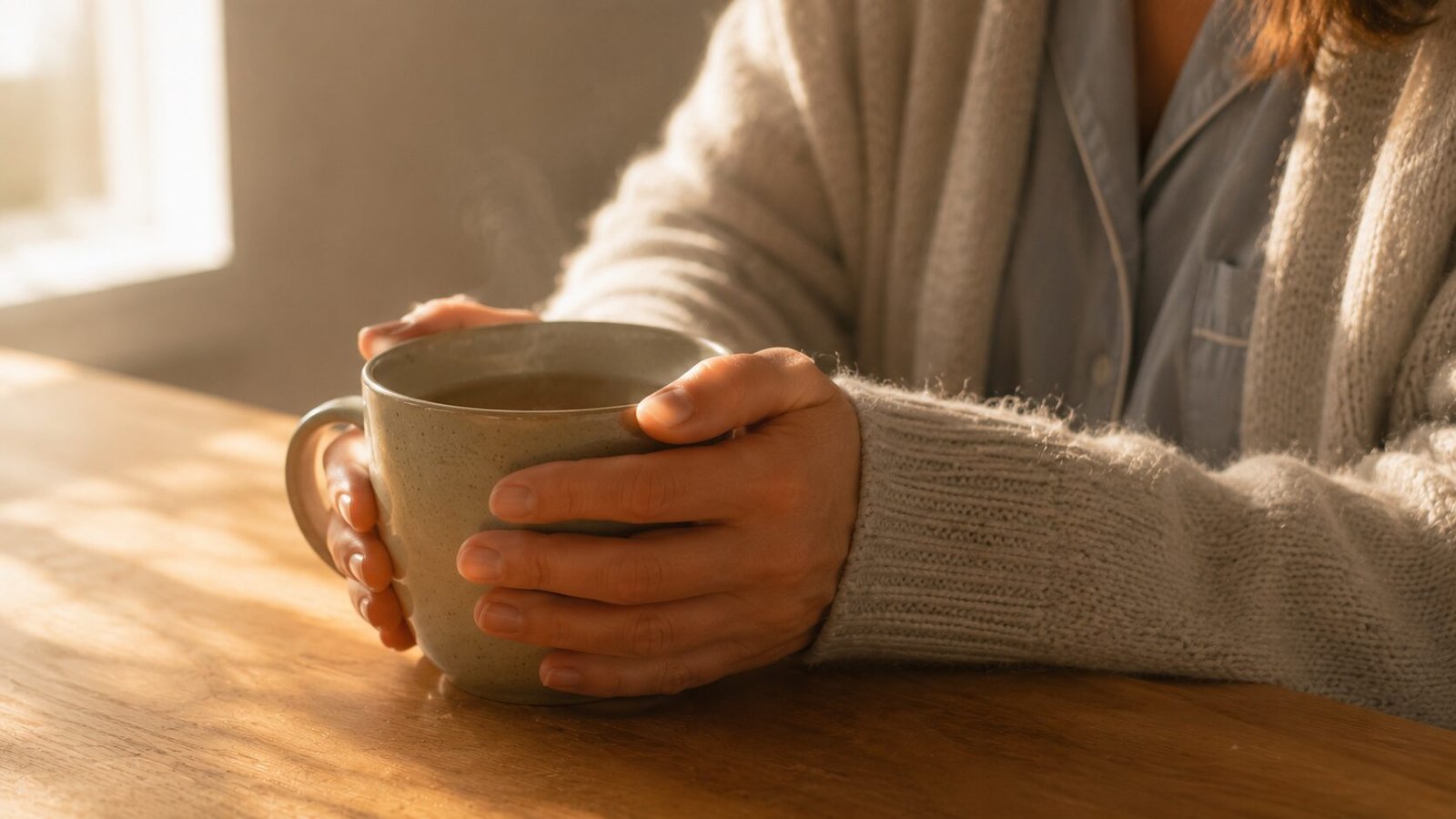 Person in a cozy knit cardigan holding a steaming ceramic mug beside warm morning sunlight on a wooden table.