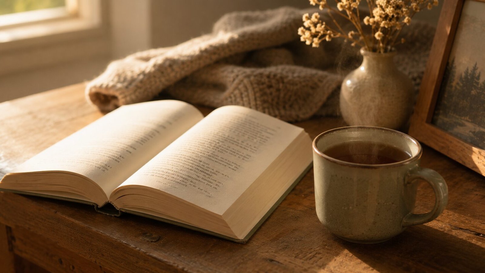 Open book beside a steaming ceramic tea mug on a wooden table with a knitted blanket and dried flowers in warm evening sunlight.