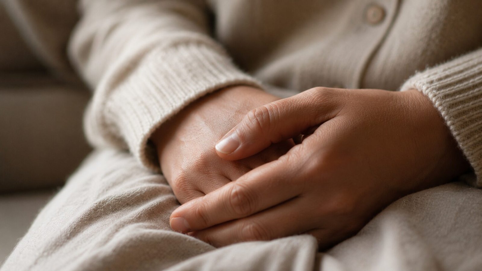 Close-up of gently folded hands resting in a soft cream sweater, symbolizing grief, guilt, reflection, emotional healing, and quiet support after pet loss.
