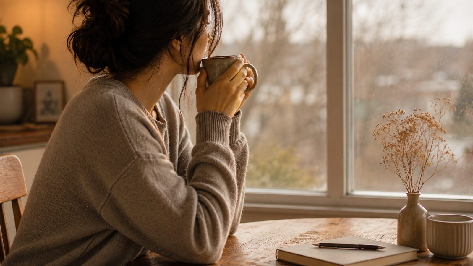 Person sitting by a window holding a warm mug in quiet reflection, symbolizing loneliness, misunderstood grief, and emotional healing after losing a beloved cat.