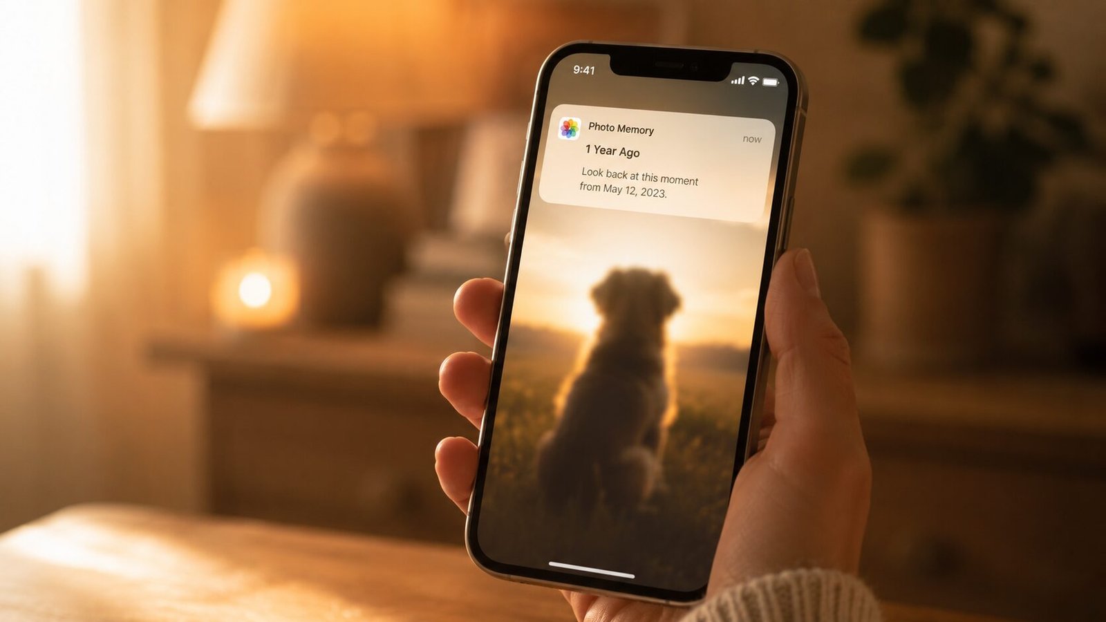Hand holding a smartphone displaying an old dog photo memory notification in a warm softly lit room with candlelight in the background.