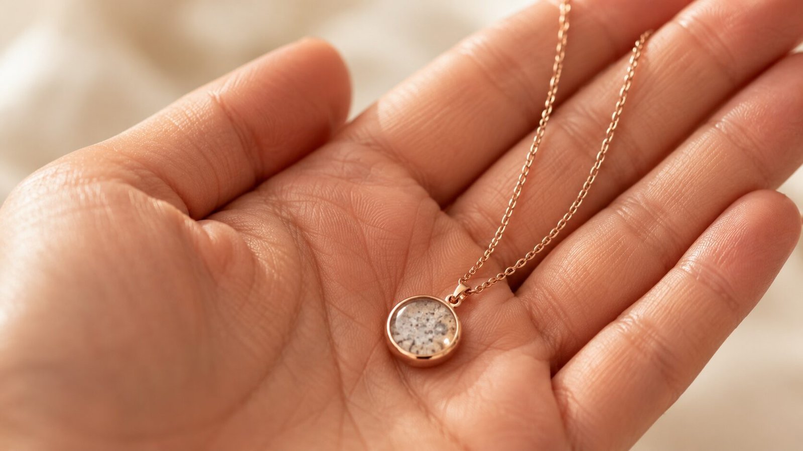 Close-up of a rose gold memorial necklace with a small ash-filled pendant resting gently in a person’s hand under warm natural light.