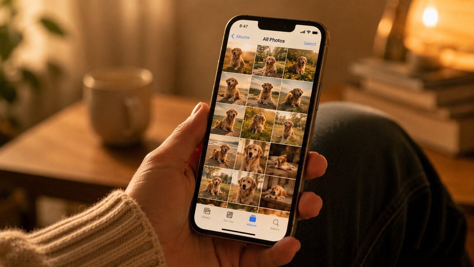 Person holding a smartphone displaying a photo gallery filled with golden retriever pictures in a warm softly lit living room.
