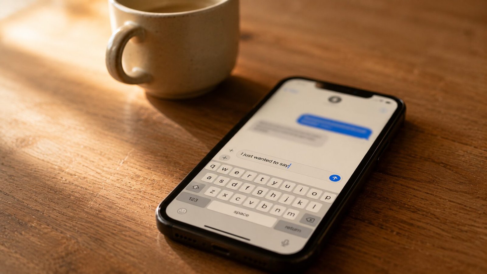 Smartphone on a wooden table beside a warm ceramic mug, displaying a partially typed sympathy message in soft morning sunlight.