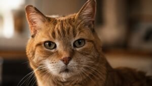 Close-up portrait of a senior orange tabby cat with gentle eyes and warm indoor lighting.