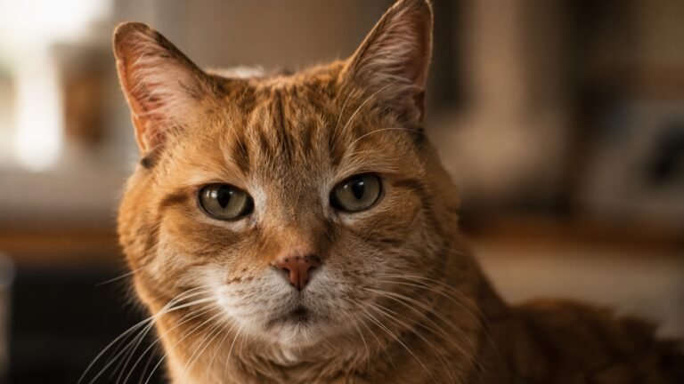 Close-up portrait of a senior orange tabby cat with gentle eyes and warm indoor lighting.