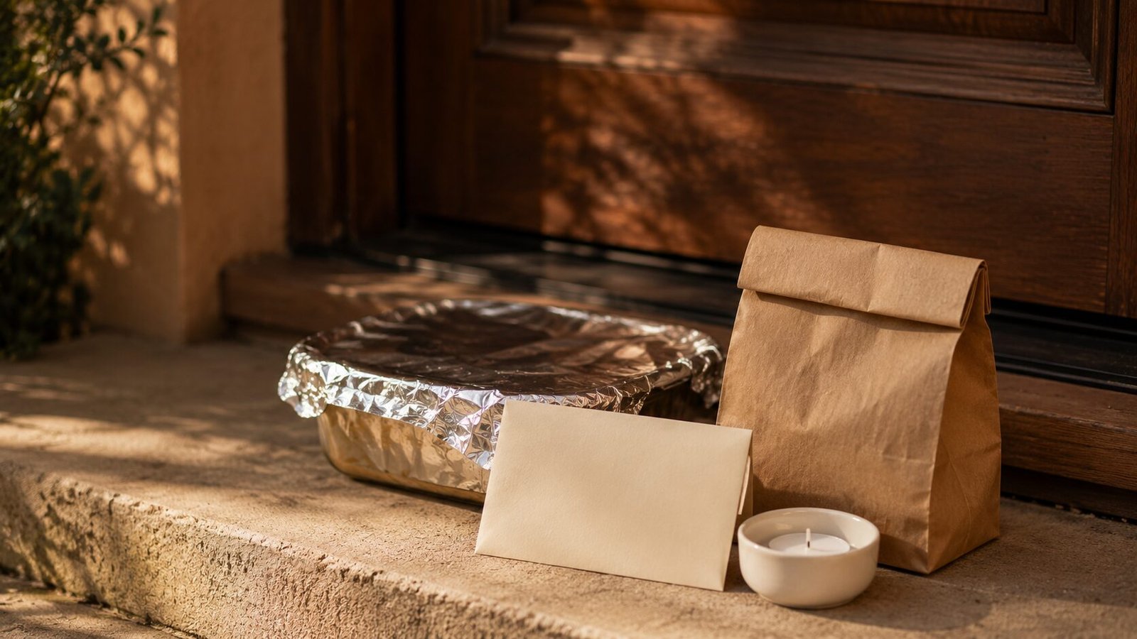Compassion meal drop-off with covered food tray, candle, handwritten card, and paper bag placed at a front door in warm evening light.