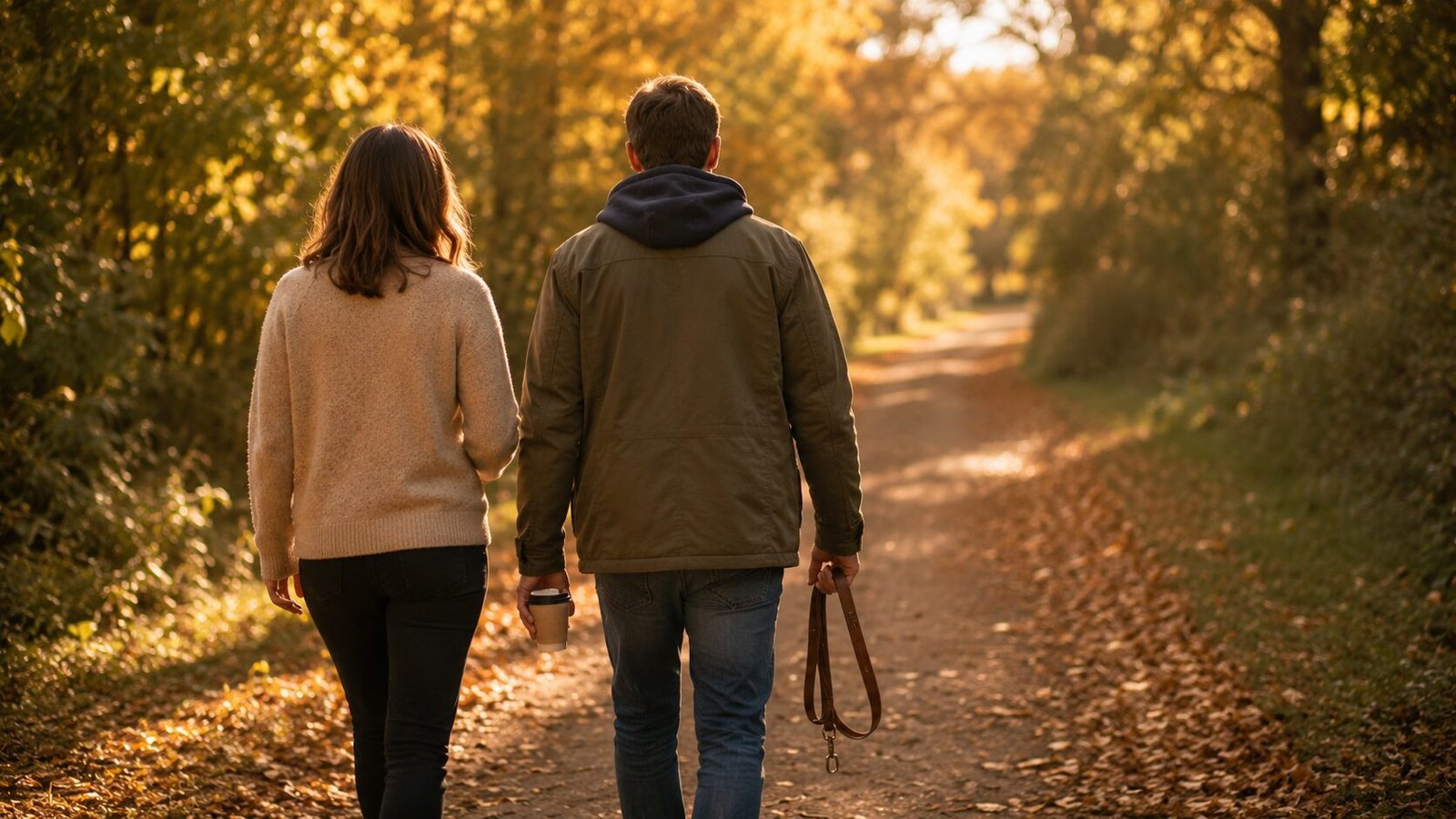 Couple walking down a quiet tree-lined path during golden hour while holding a dog leash and coffee cup after pet loss.