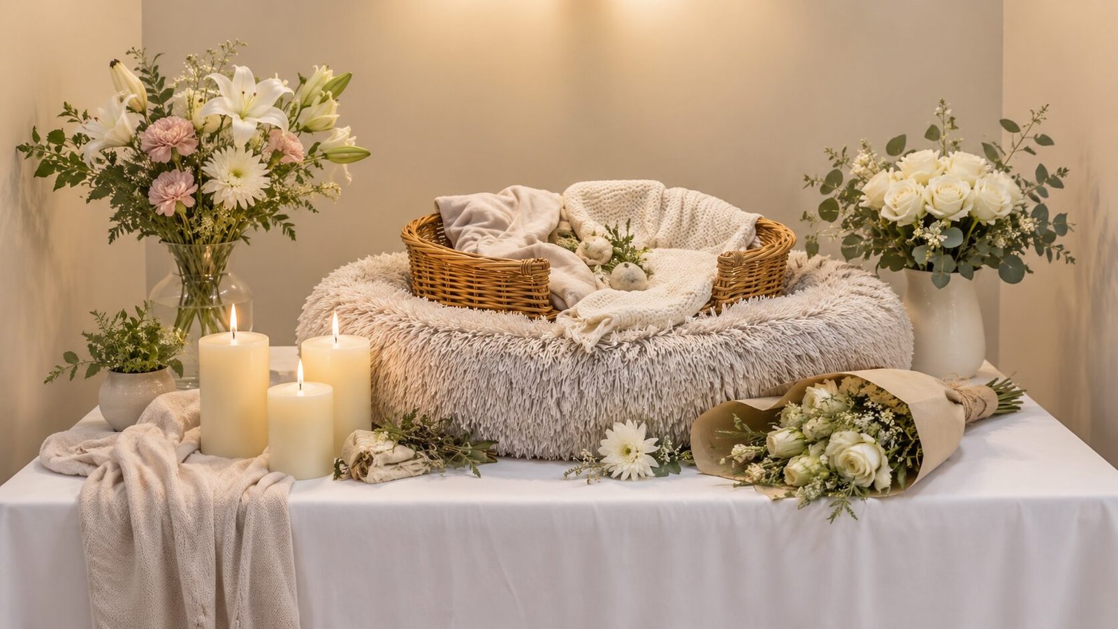 Soft memorial ceremony setup featuring candles, white floral arrangements, cozy blankets, and a wicker basket arranged in a peaceful cream-toned interior.