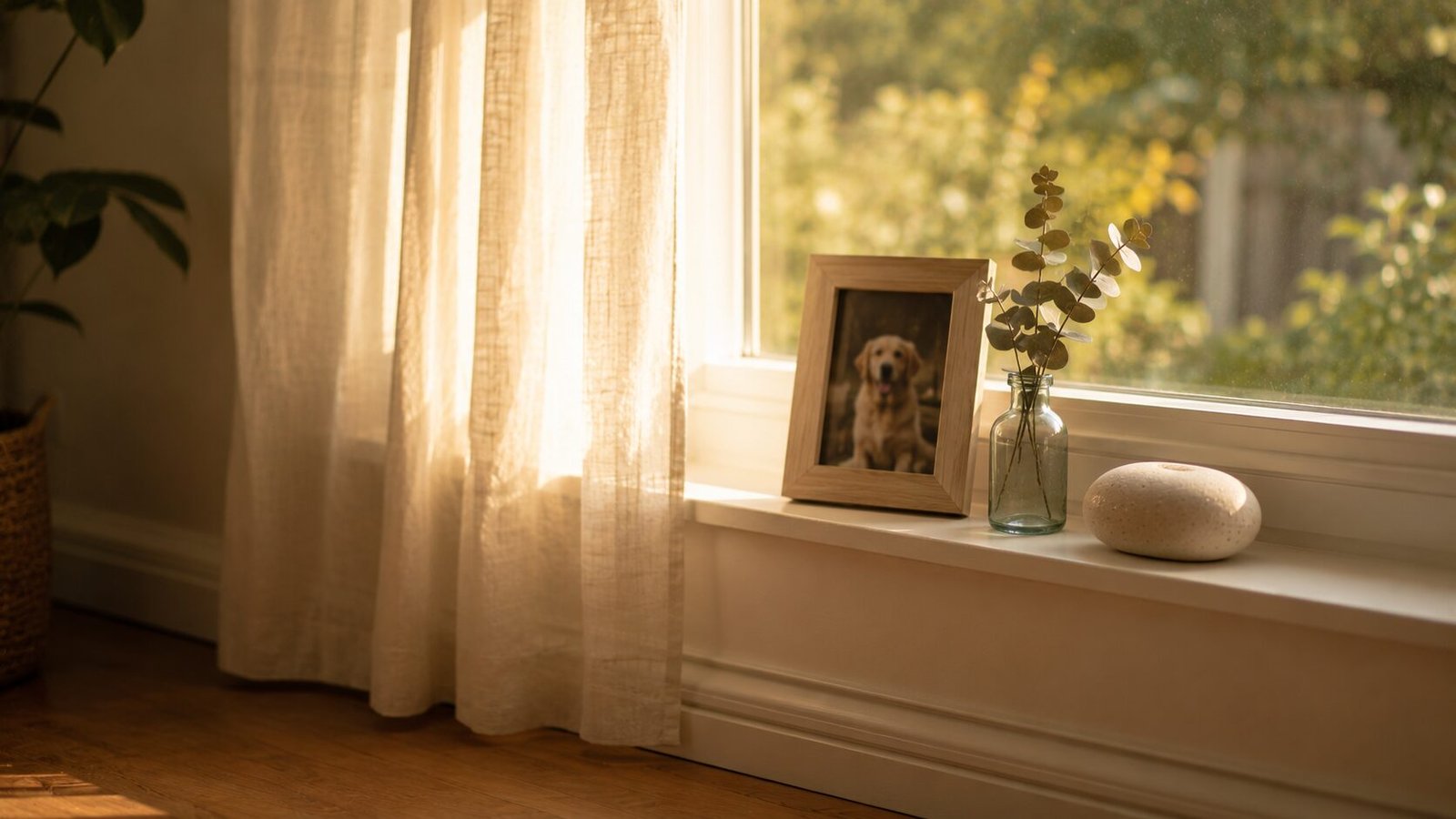 Sunlight streaming through sheer linen curtains onto a windowsill with a framed dog photo, eucalyptus stems, and a smooth white stone.