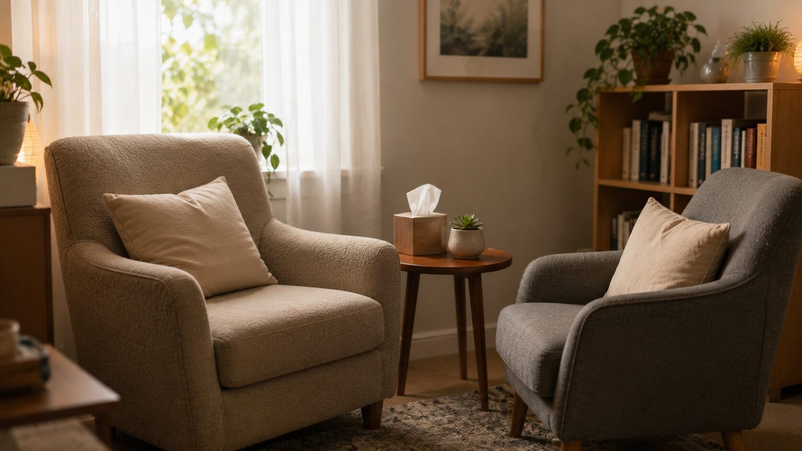 Two cozy armchairs facing each other in a calm counselling room with soft natural light, plants, bookshelves, and warm neutral decor.