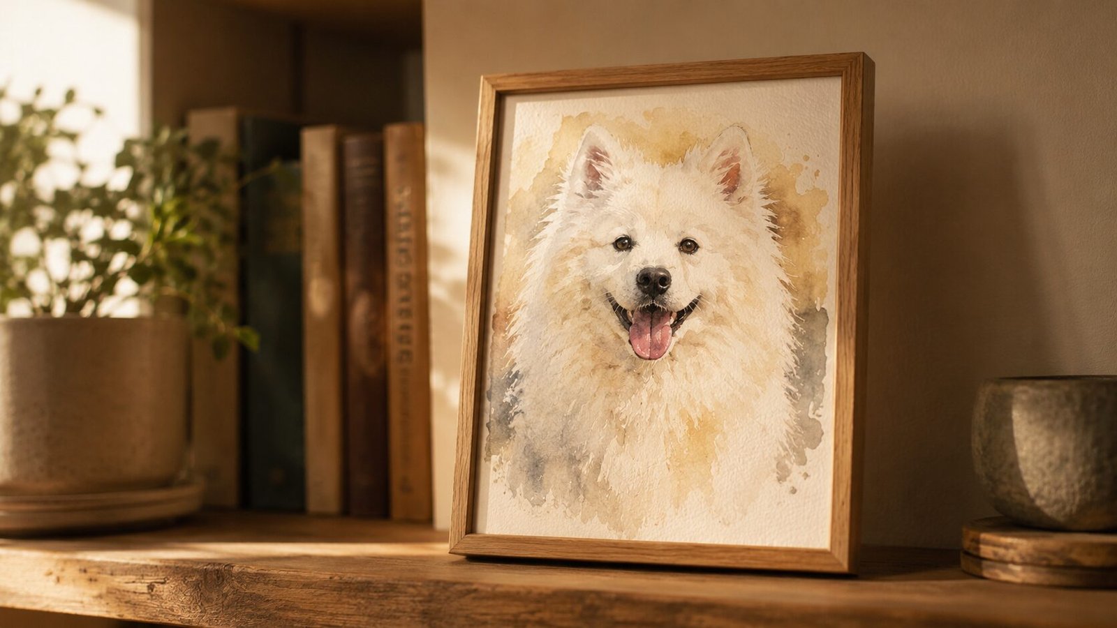 Framed watercolor-style portrait of a white fluffy dog displayed on a wooden shelf with warm sunlight and cozy home decor.